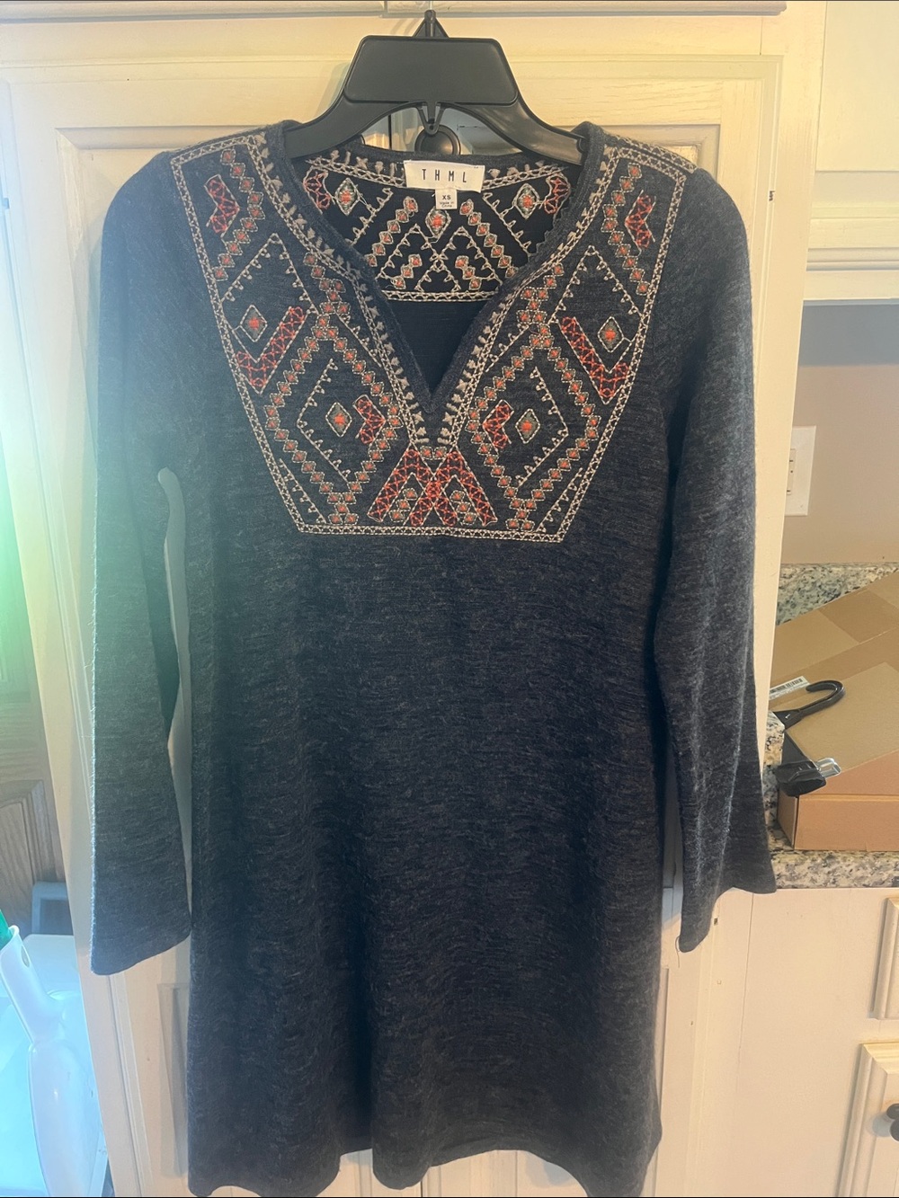 THML Dark Gray Embroidered V-Neck Sweater Tunic